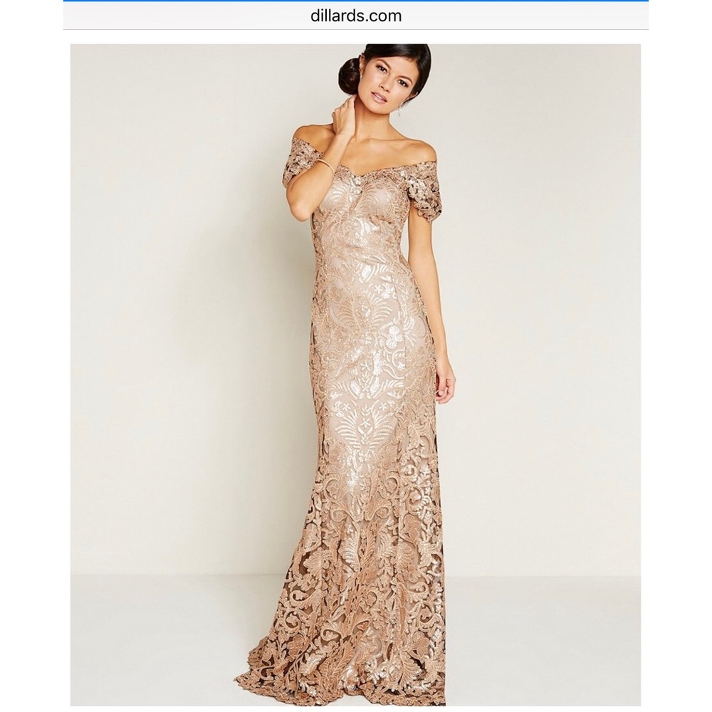 Tadashi Shoji off shoulder sequin gown